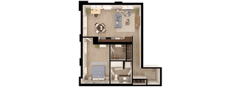 a 3d rendering of a bedroom with a living room