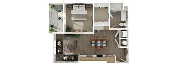 a 3d rendering of a bedroom with a bathroom and a living room