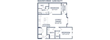 A floor plan of a 1,090 square foot home with a living/dining area, kitchen, two bedrooms, and a bathroom.