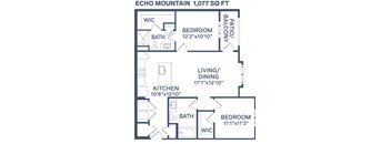 A floor plan for a 1,077 square foot Echo Mountain home.