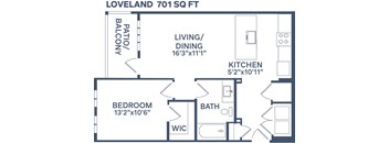 A floor plan of a 701 square foot home.