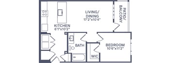 A floor plan of a small apartment with a living/dining area, kitchen, bath, bedroom, and balcony.