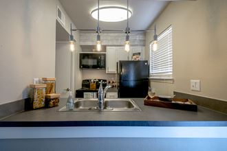 a kitchen with a sink and a black refrigerator