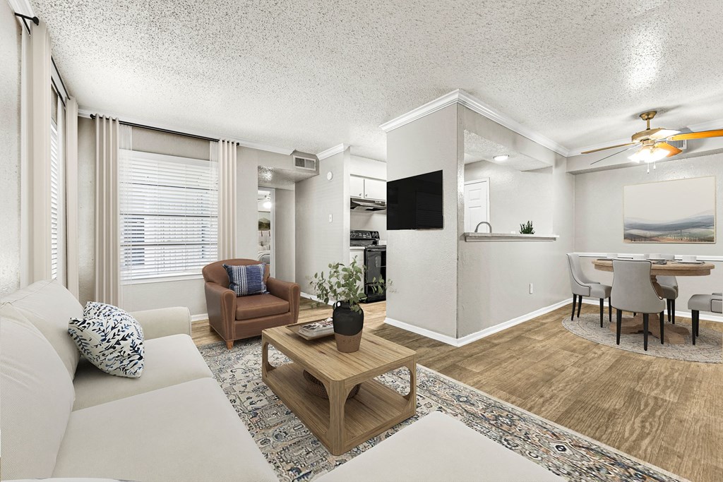 a living room with a couch and a table