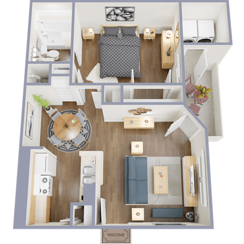 A top-down view of a small apartment with a bedroom, living room, and kitchen.
