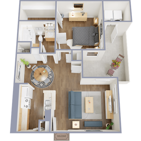 A top-down view of a small apartment with a living room, kitchen, and bedroom.