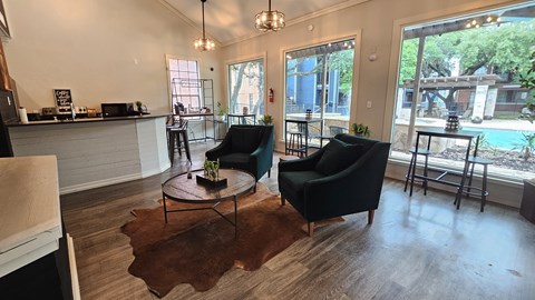 A living room with a black chair and a brown rug.