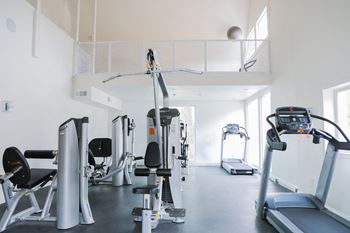 a gym with cardio equipment and weights at Aero White Rock, Texas, 75238