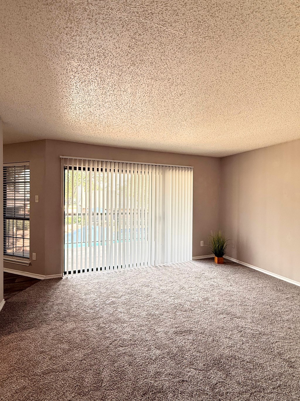 A room with a carpeted floor and a window with blinds.