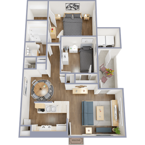 A 3D floor plan of a small apartment with a living room, kitchen, and bedrooms.