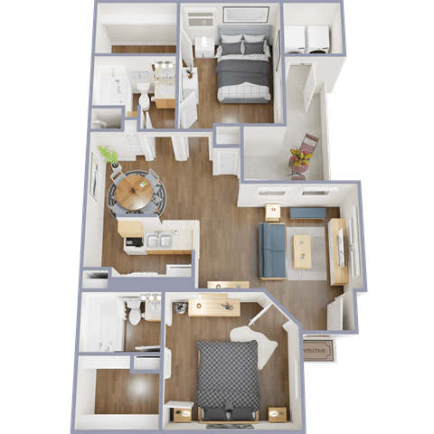 A detailed 3D floor plan of a two-bedroom apartment.