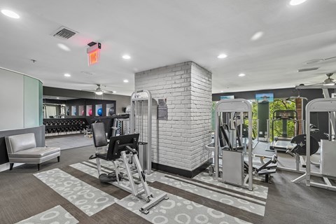 A gym with a variety of equipment including treadmills, weights, and a bench.