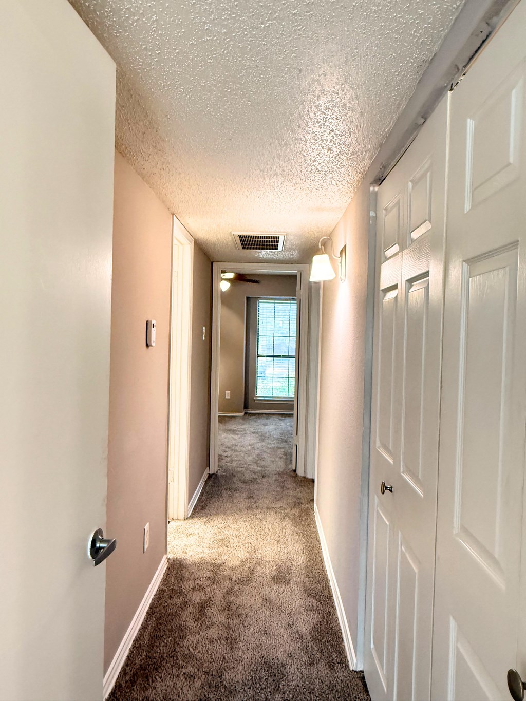 A hallway with white doors and carpeted floor.