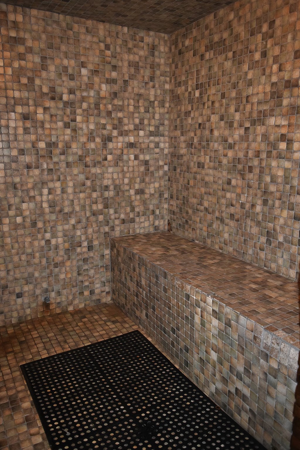a bathroom with a tiled wall and a bath tub