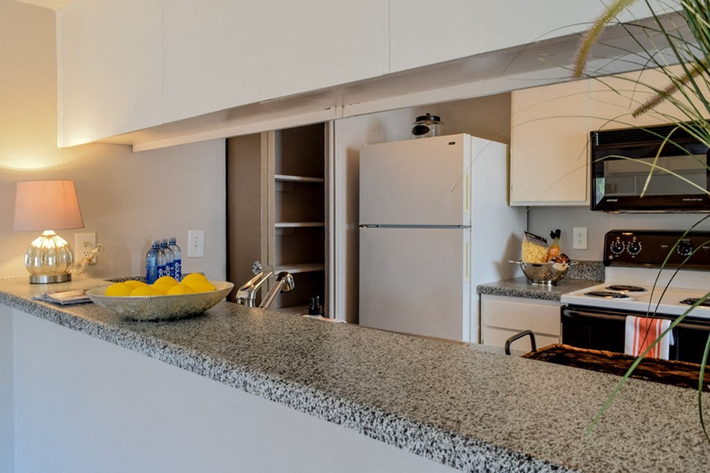 a kitchen with a counter top and a refrigerator