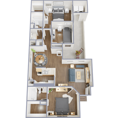 A detailed 3D floor plan of a modern apartment.