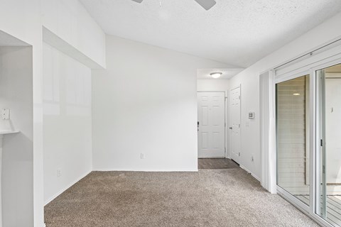 A room with white walls and carpeted floor.