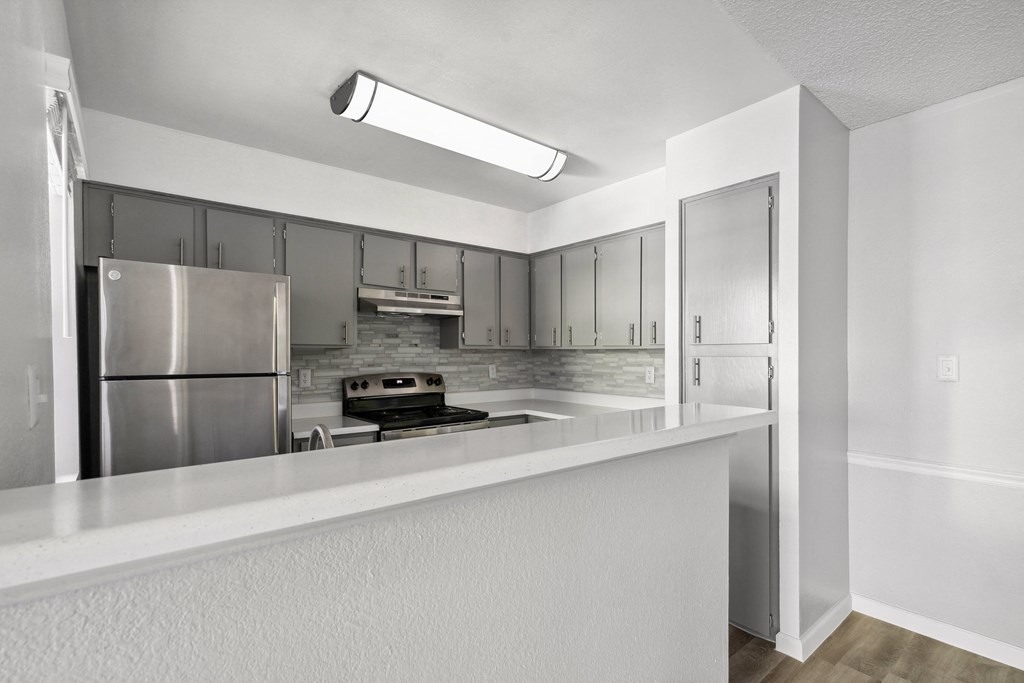 a kitchen with stainless steel appliances and a white counter top