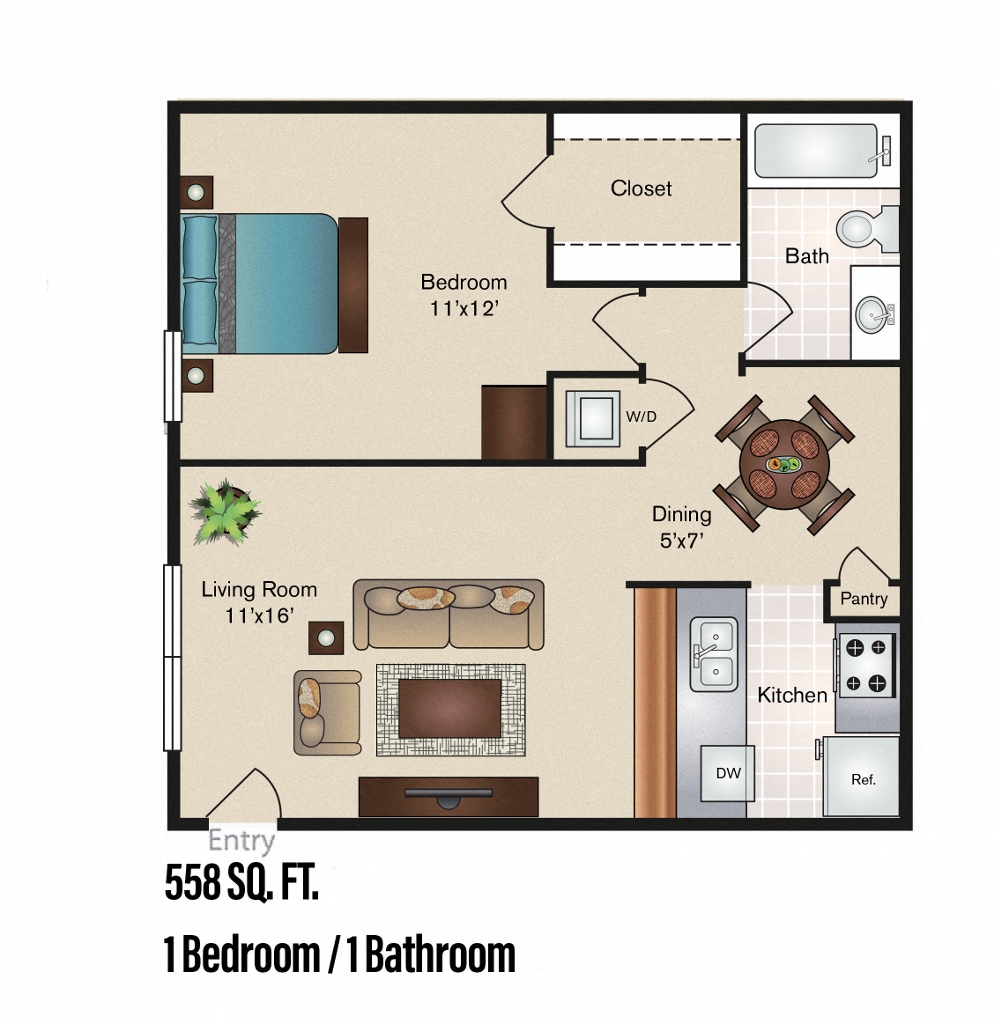 Ashton - 1 Bedroom 1 Bath 558 Sq. Ft. Floor Plan at The Hamptons, Texas