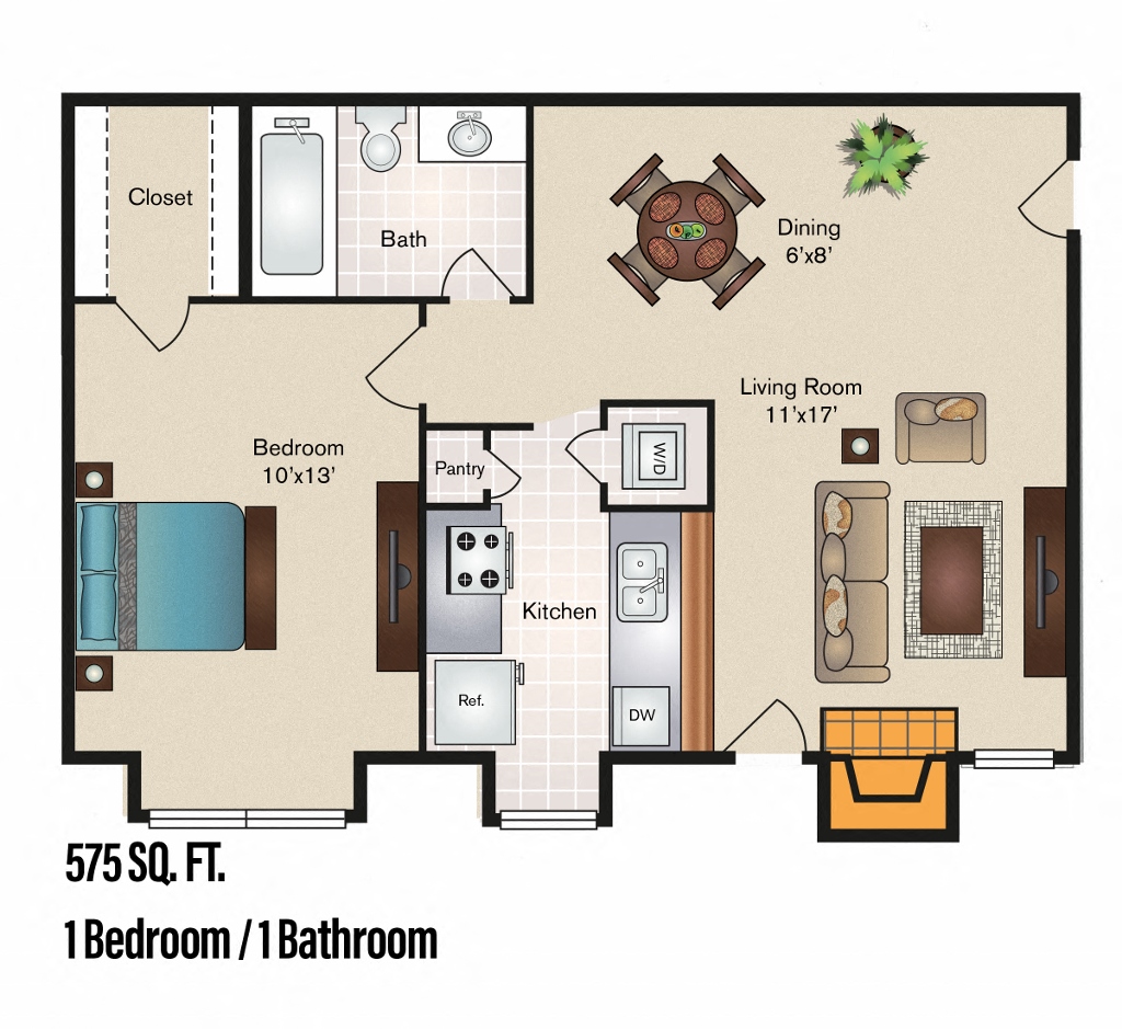 Andover - 1 Bedroom 1 Bath 575 Sq. Ft. Floor Plan at The Hamptons, Texas, 75287