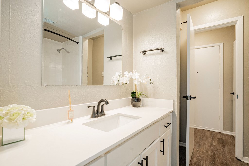 a bathroom with a sink and a mirror at Aero White Rock, Dallas, TX, 75238