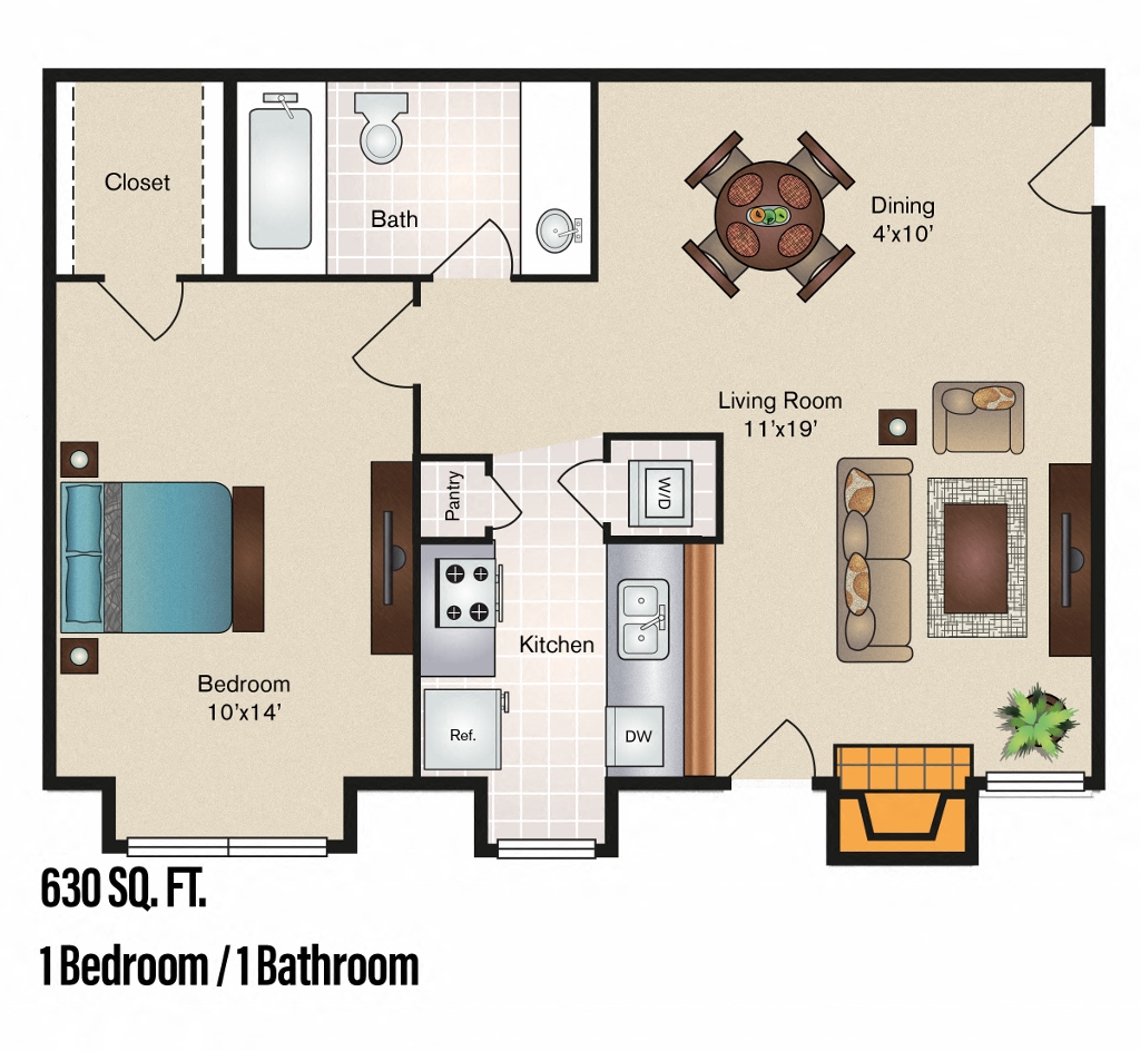 Ashworth - 1 Bedroom 1 Bath 630 Sq. Ft. Floor Plan at The Hamptons, Dallas, TX, 75287