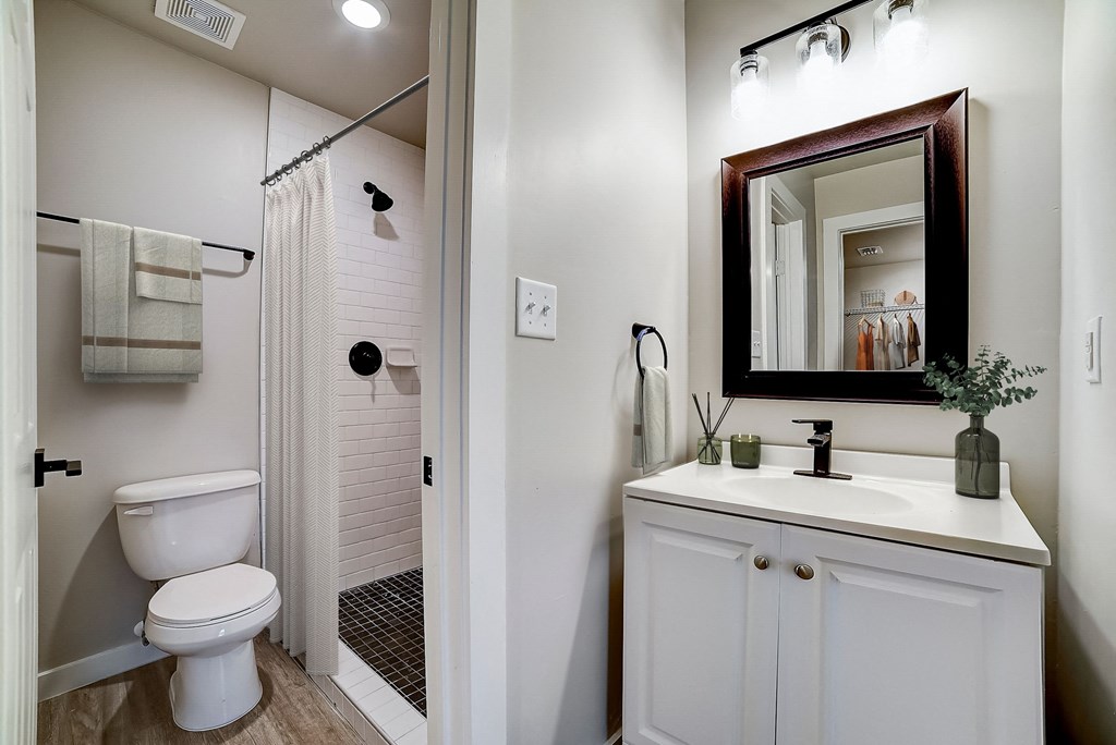 a bathroom with a toilet sink and shower at The Frederick, Texas