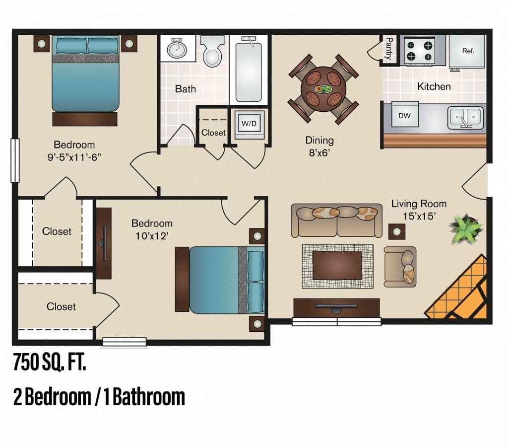 Belmont - 2 Bedroom 1 Bath 750 Sq. Ft. Floor Plan at The Hamptons, Dallas, TX