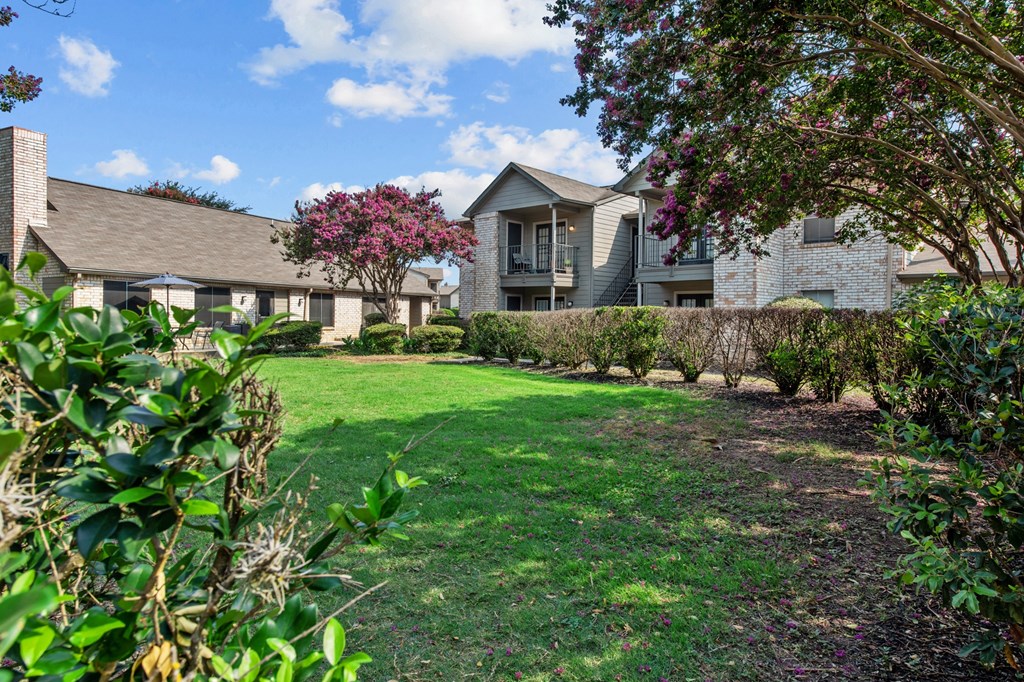 a grassy area with bushes and trees in front of a building