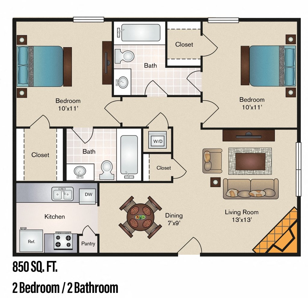 Bradford - 2 Bedroom 2 Bath 850 Sq. Ft. Floor Plan at The Hamptons, Dallas, 75287