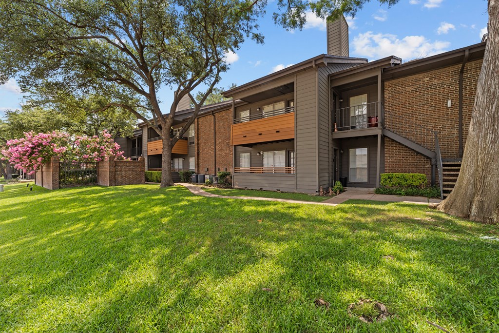 A modern house with a large front yard and a tree with pink flowers.