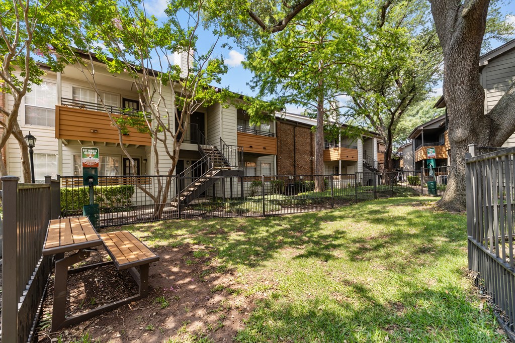 A sunny day at a park with a picnic table and benches.
