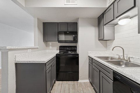 A kitchen with a black dishwasher and stove.