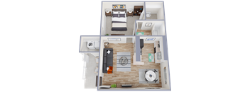 A 3D floor plan of a small apartment with a bedroom, living room, and kitchen.