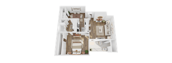 A 3D floor plan of a house with multiple rooms and furniture.