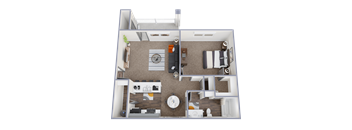 A 3D floor plan of a small apartment with a kitchen, living room, and bedroom.