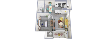 A top-down view of a small apartment with a kitchen, living room, and bedroom.
