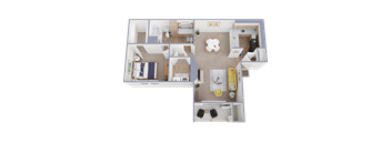 A 3D floor plan of a small apartment with a kitchen, living room, and two bedrooms.
