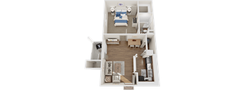 A 3D floor plan of a small apartment with a bedroom, living room, and kitchen.