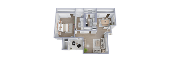 A detailed 3D floor plan of a modern apartment layout.