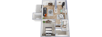 A 3D floor plan of a small apartment with a bedroom, living room, and kitchen.