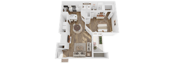 A top-down view of a house interior with a living room, kitchen, and dining area.