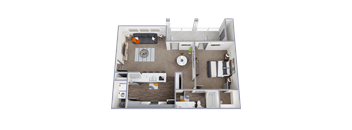 A 3D floor plan of a small apartment with a living room, kitchen, and bedroom.