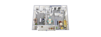 A top-down view of a small apartment with a kitchen, living room, and bedroom.
