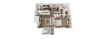 A 3D floor plan of a house with a kitchen, living room, and bathroom.