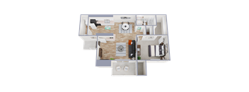 A top-down view of a house layout with a living room, kitchen, dining area, and bedrooms.