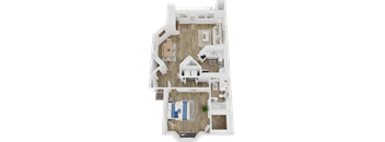 A top-down view of a house interior with a kitchen, living room, and bedroom.