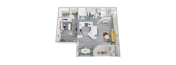 A top-down view of a small apartment with a kitchen, living room, and bedroom.