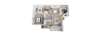A 3D floor plan of a house with a living room, kitchen, dining room, and bedrooms.