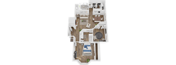A top-down view of a house interior with a living room, dining area, kitchen, and bedrooms.